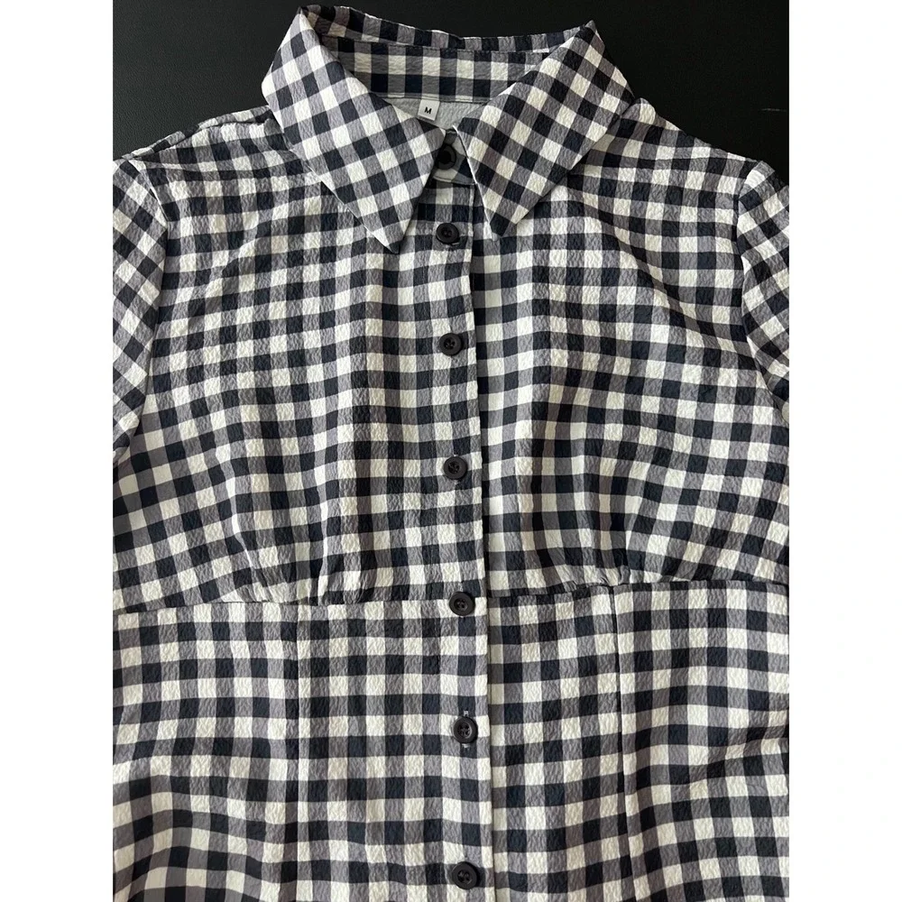 Sold*Black White Gingham Button Front Mini Dress Short Sleeve Smocked Med 1009 - Picture 3 of 10